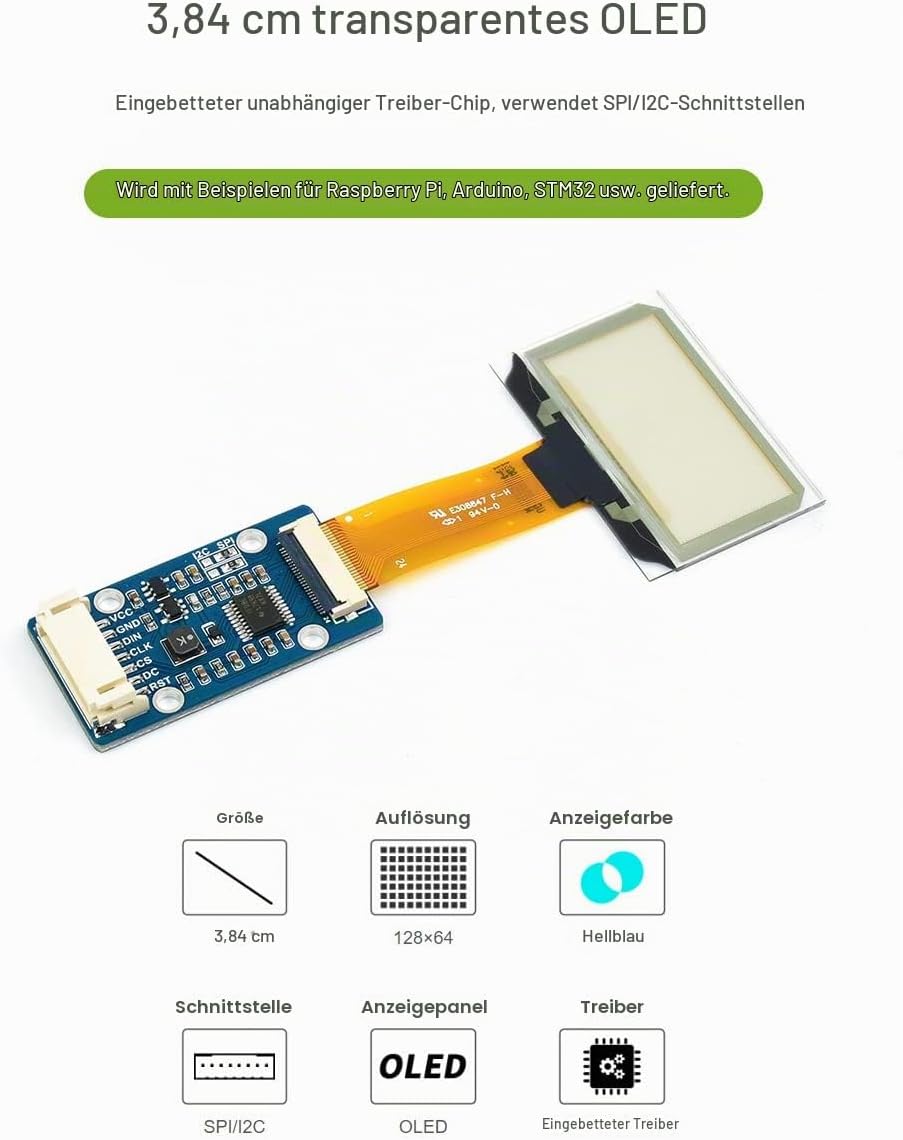 Waveshare 1.51inch Transparent OLED 128×64 Resolution Light Blue Color Display Compatible with Raspb