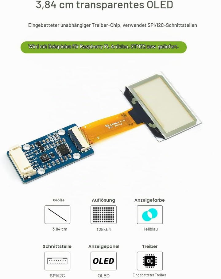 Waveshare 1.51inch Transparent OLED 128×64 Resolution Light Blue Color Display Compatible with Raspb