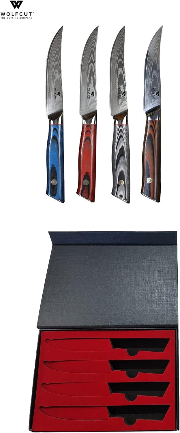 Wolfcut Damascus Steak Messer Set 4 tlg. 67 Lagigen Damaszener Stahl VG10 + G10 Stahl schwarzes Pakk