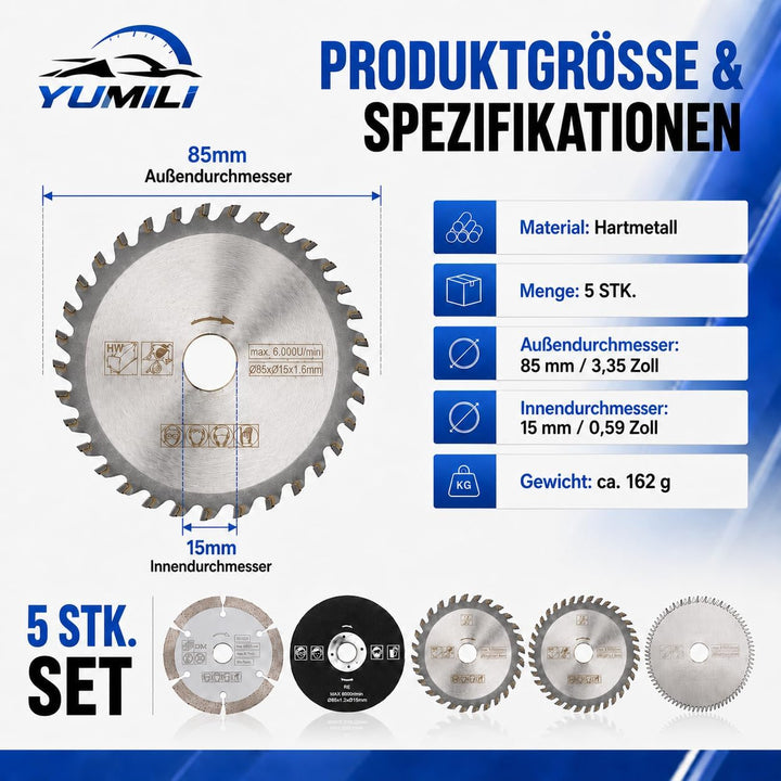 5 Stück 85 mm Hartmetall Sägeblatt, Innendurchmesser 15 mm Mini Hartmetall Kreissägeblatt für Schnei