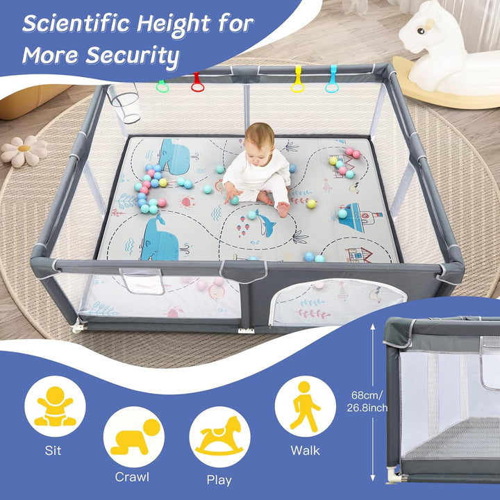 CHOLY Laufstall Baby mit Matratze 180x150 cm, Laufgitter für Babys und Kleinkinder mit sichtbarem at