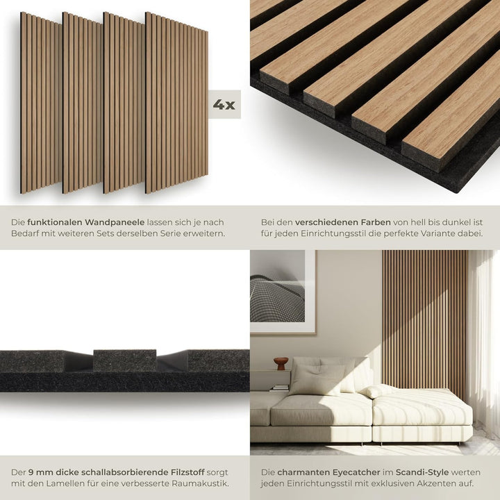 tectake® Akustikpaneele Echtholzfurnier, 4er Set, Schallschutz, MDF Schallabsorber für Wand, Schalld