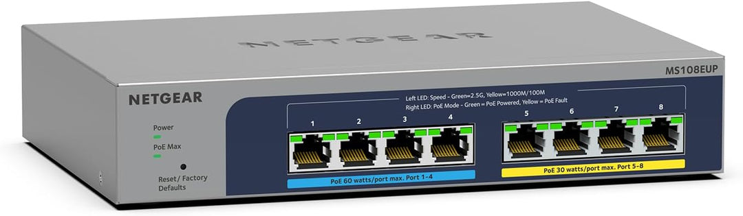 Netgear MS108UP PoE Switch 8 Port Multi-Gig LAN Switch Ultra60 PoE++ (je 4 PoE+/++ Ports mit 230W Bu