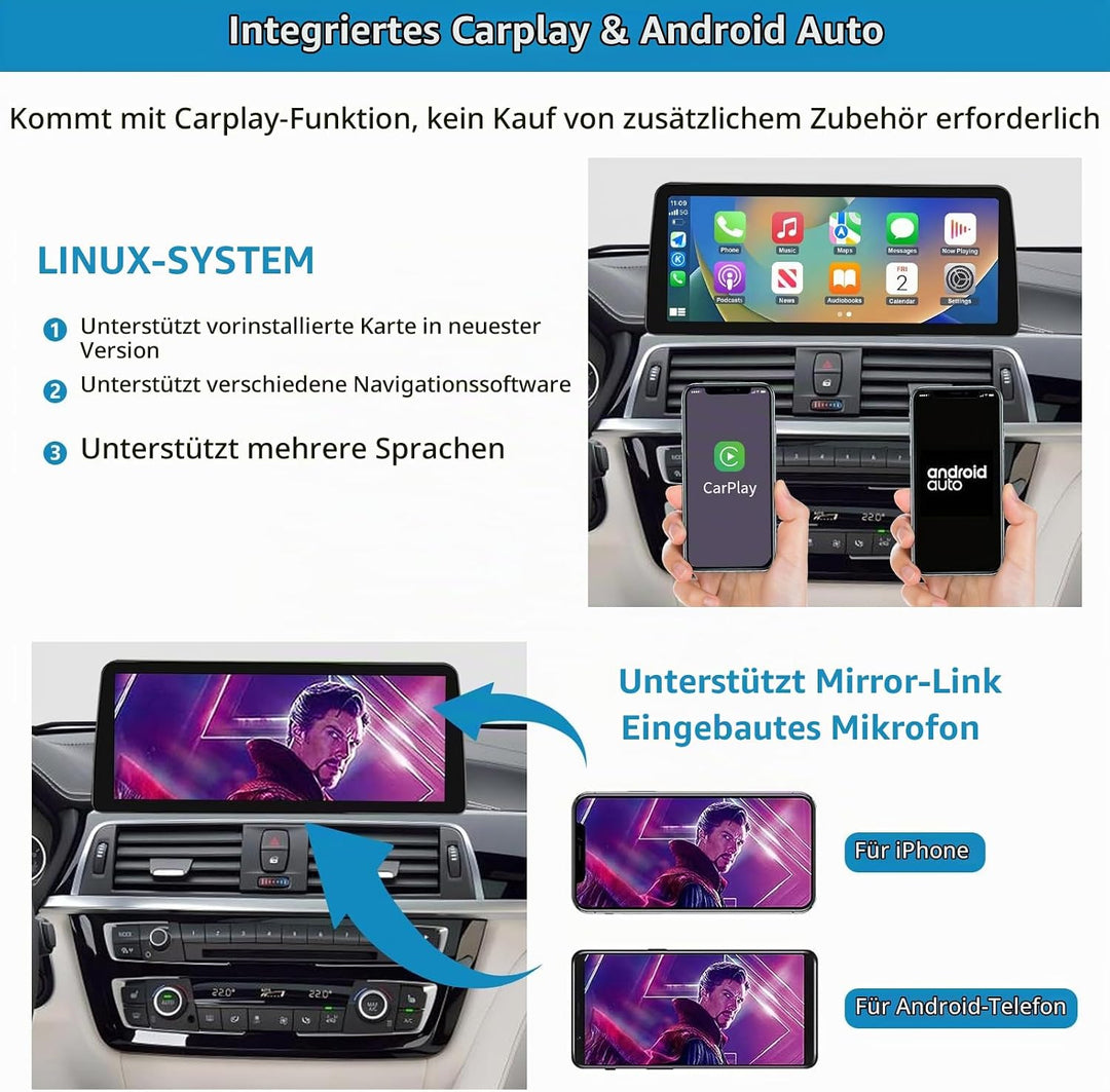 Autoradio 10,25 Zoll Touchscreen mit kabellosem Carplay und Android Auto für 2013-2016 BMW 3/4er F30
