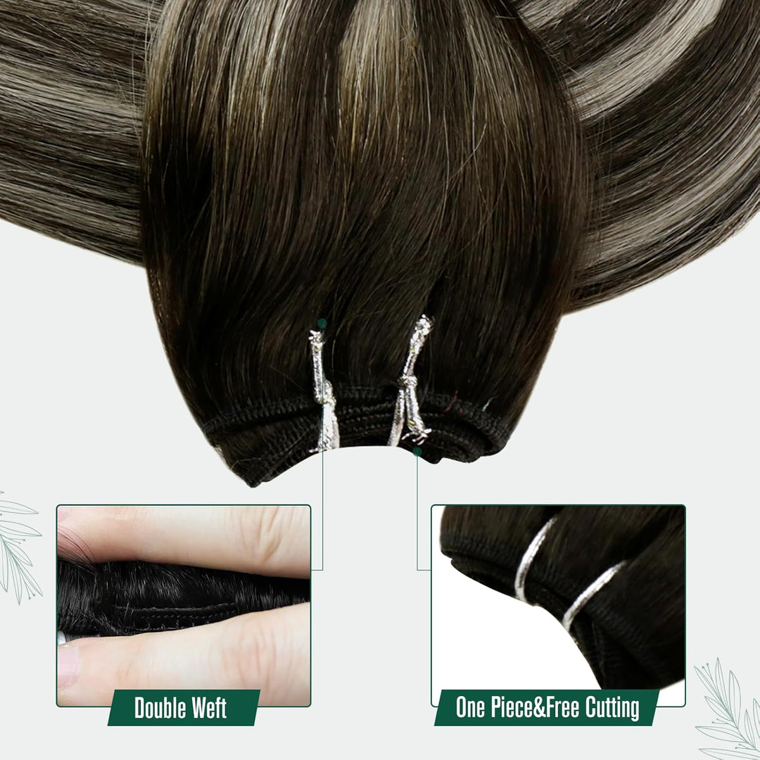RUNATURE Balayage Echthaar Tressen Schwarz Silber 50cm 100g Sew in Haarverlängerung Remy Menschliche