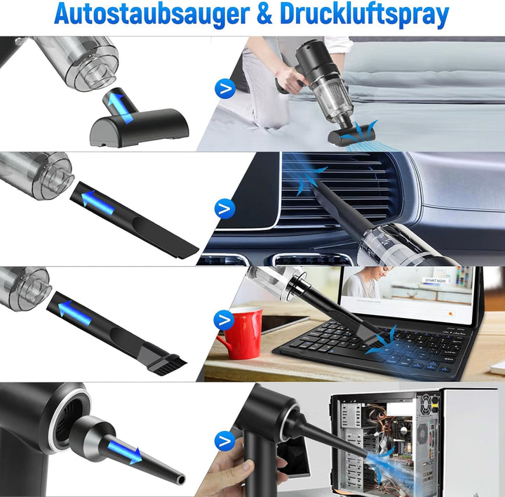 Handstaubsauger Akku Kabellos,9000Pa Aufladbar Tragbar Leicht Akkustaubsauger mit HEPA-Filter, 2-in-