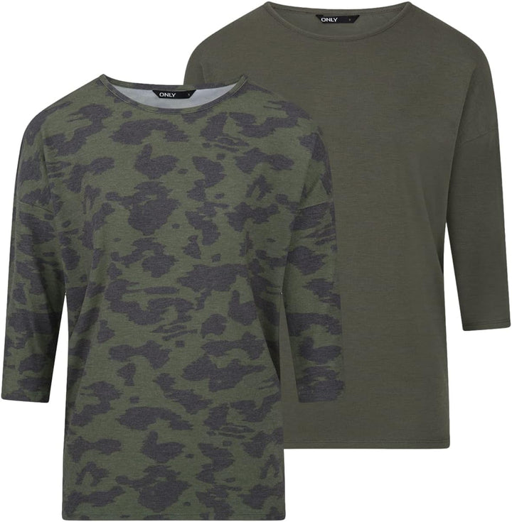 ONLY Damen Top ONLGLAMOUR 2er Pack 3/4 Ärmel Basic Shirt Rundhals Loose Fit Langarmshirt Oberteil Mu