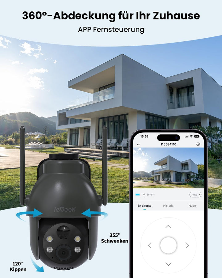 ieGeek 2K 3MP HD Überwachungskamera Aussen Solar, 360° PTZ Überwachungskamera Aussen Akku, 2.4GHz WL