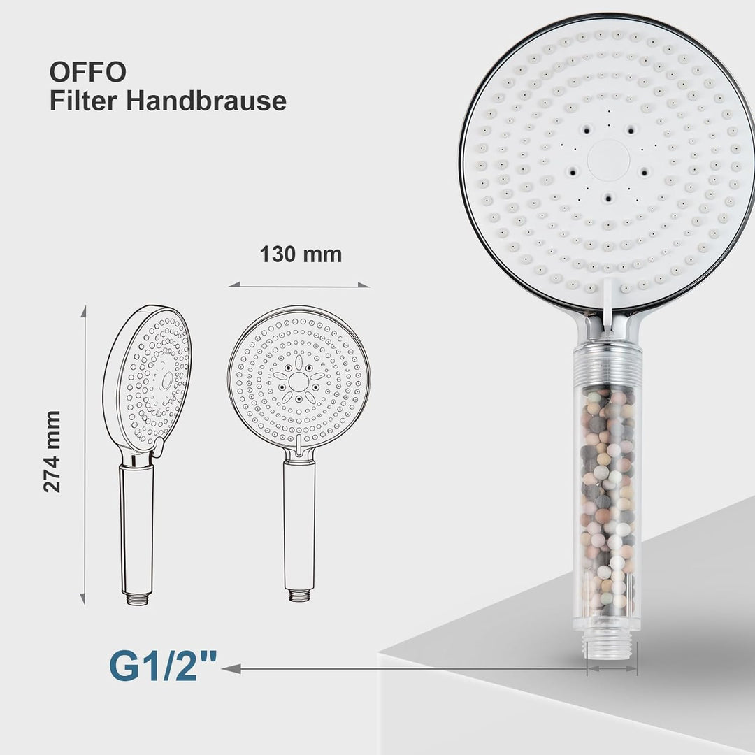 OFFO Filter Duschkopf mit Schlauch 1.6m, 13cm Duschkopf Gross mit Filtration in 20 Schichten, Handbr