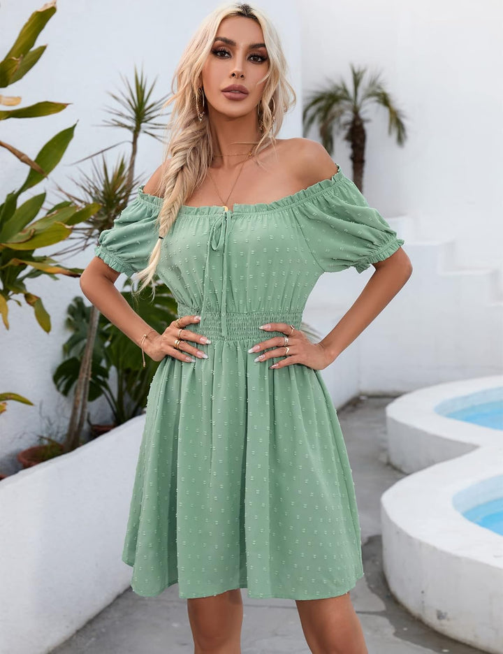 Damen Kleider MiniKleid Swiss dot Kurzarm Puffärmel mit Rüsche trägerlos Kleider Tupfen Freizeit Som
