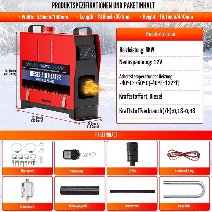 VELPAX Air Diesel Heater Auxiliary Heater, 8 kW 12 V Diesel Air Heater, All in One, LCD Switch Displ