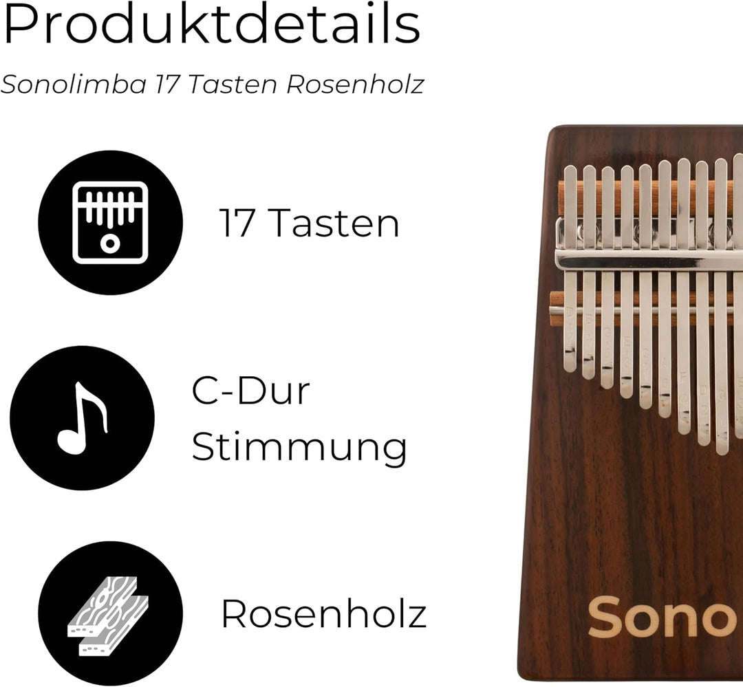 Kalimba "Sonolimba" mit 17 Schlüsseln in C - Dur aus Rosenholz - Daumenklavier inkl. Set mit Liederb