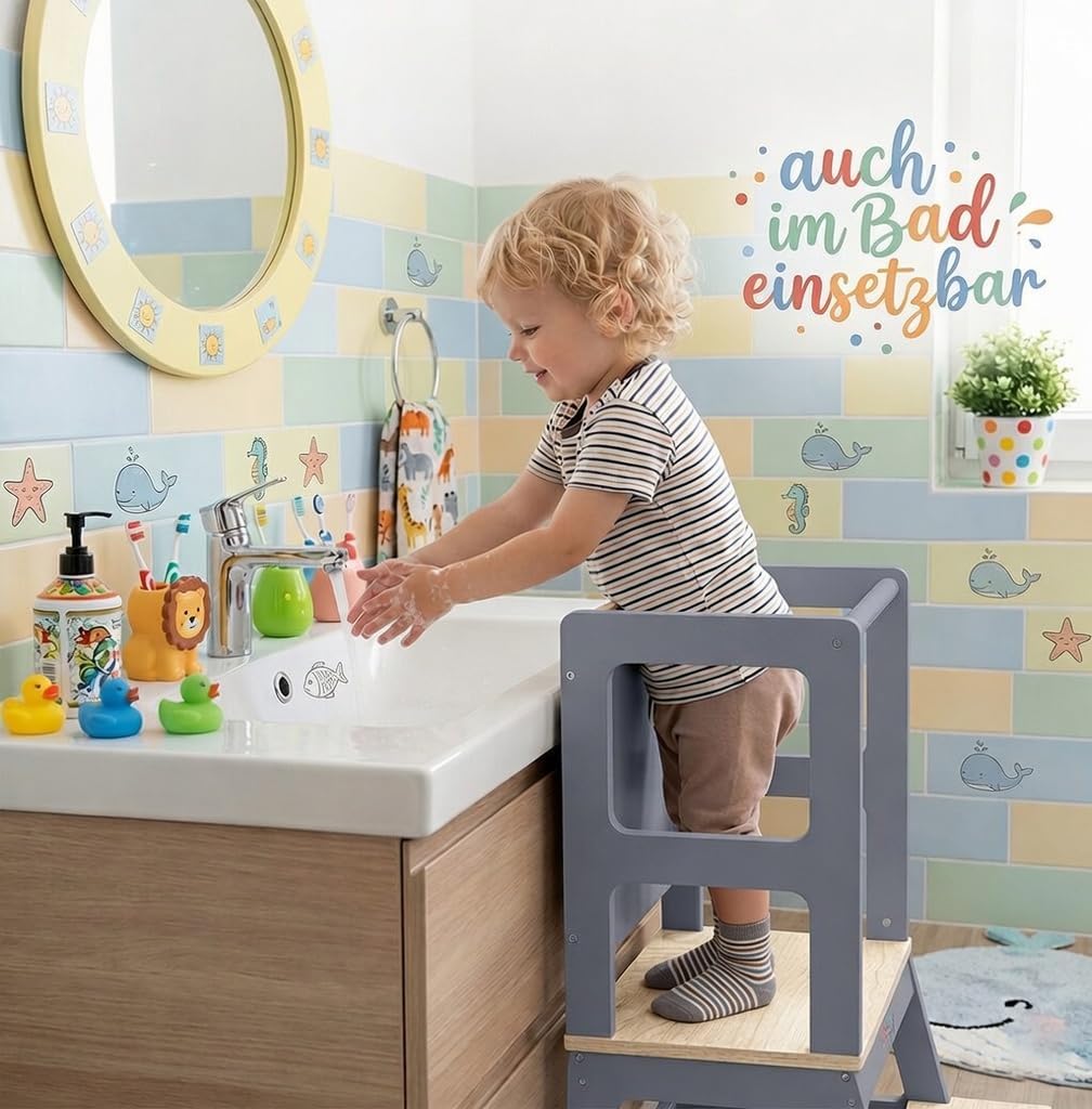 Baby Vivo Lernturm aus Holz - Tower Küche Kindermöbel Learning Tower - Schemel Lerntower für Kinder