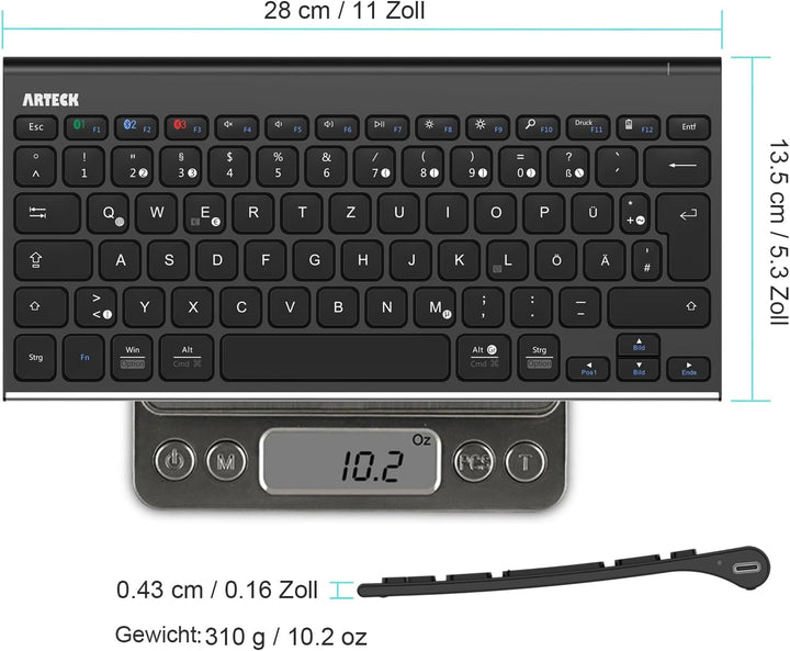 Arteck Bluethooth Tastatur, QWERTZ Deutsche Wireless Tastatur mit Rostfreier Stahl Kabellose Tastatu