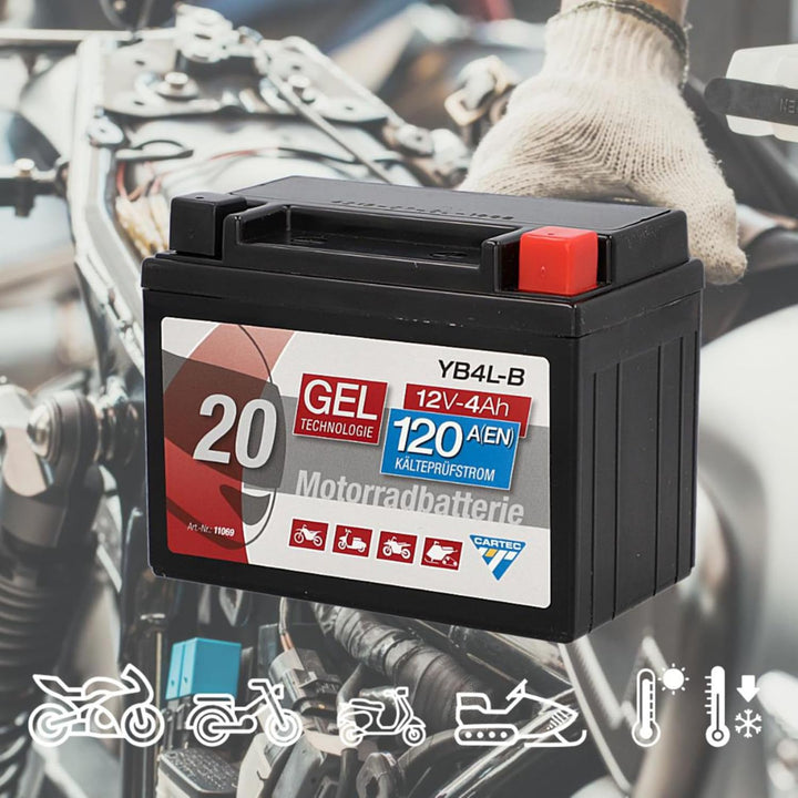 CARTEC Motorradbatterie YB4L-B, 4Ah 56A, Gel Technologie Motorrad-Starter-Batterie, Erstausrüsterqua