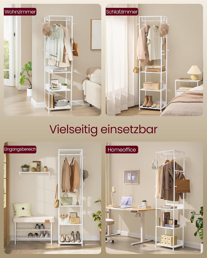 VASAGLE Kleiderständer, Garderobenständer mit Kleiderstange und Haken, Garderobe mit Ablagen, Stahlr