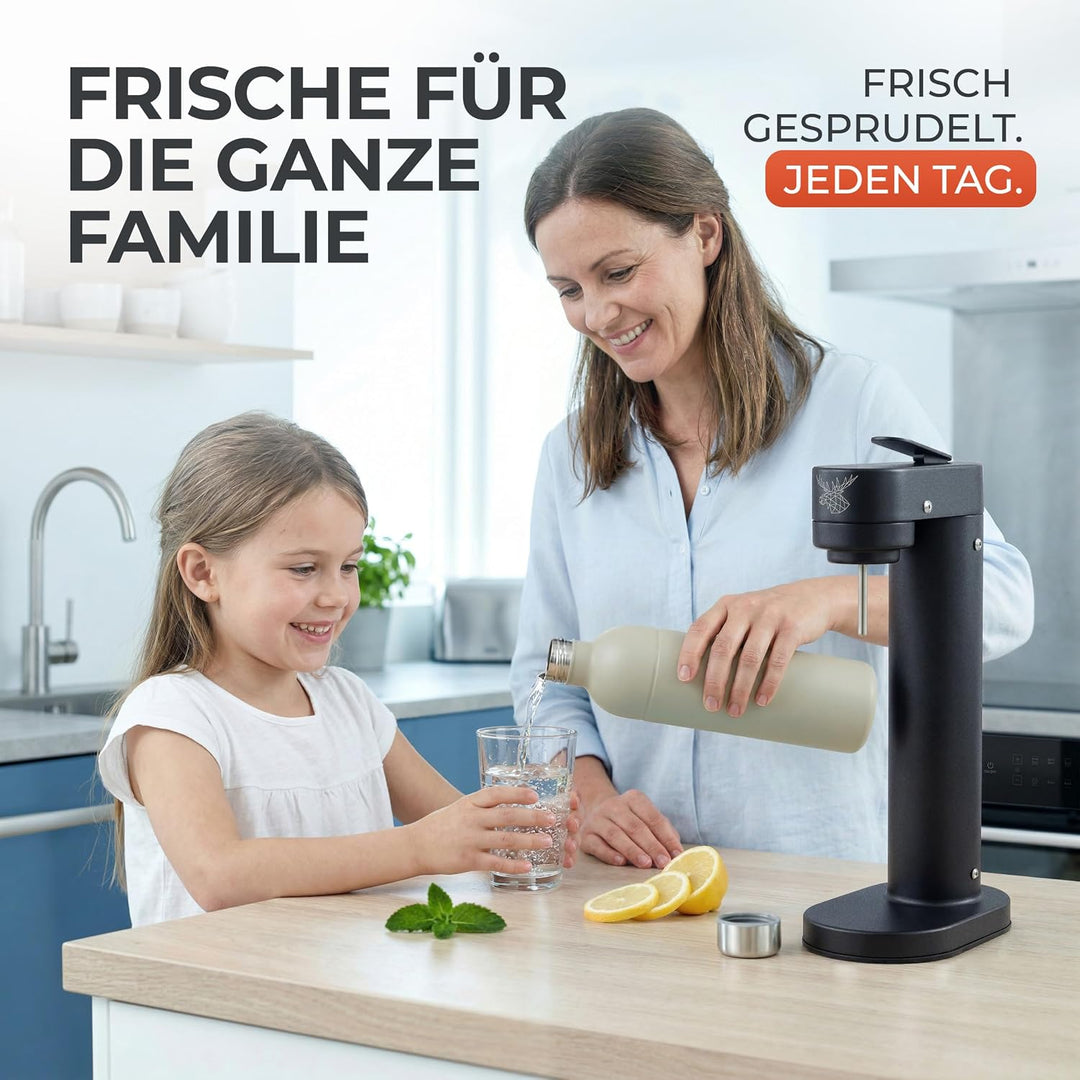 Infinity-S Wassersprudler aus hochwertigem Edelstahl (Black/Sand) – inkl. 2x 1,25L Edelstahlflaschen