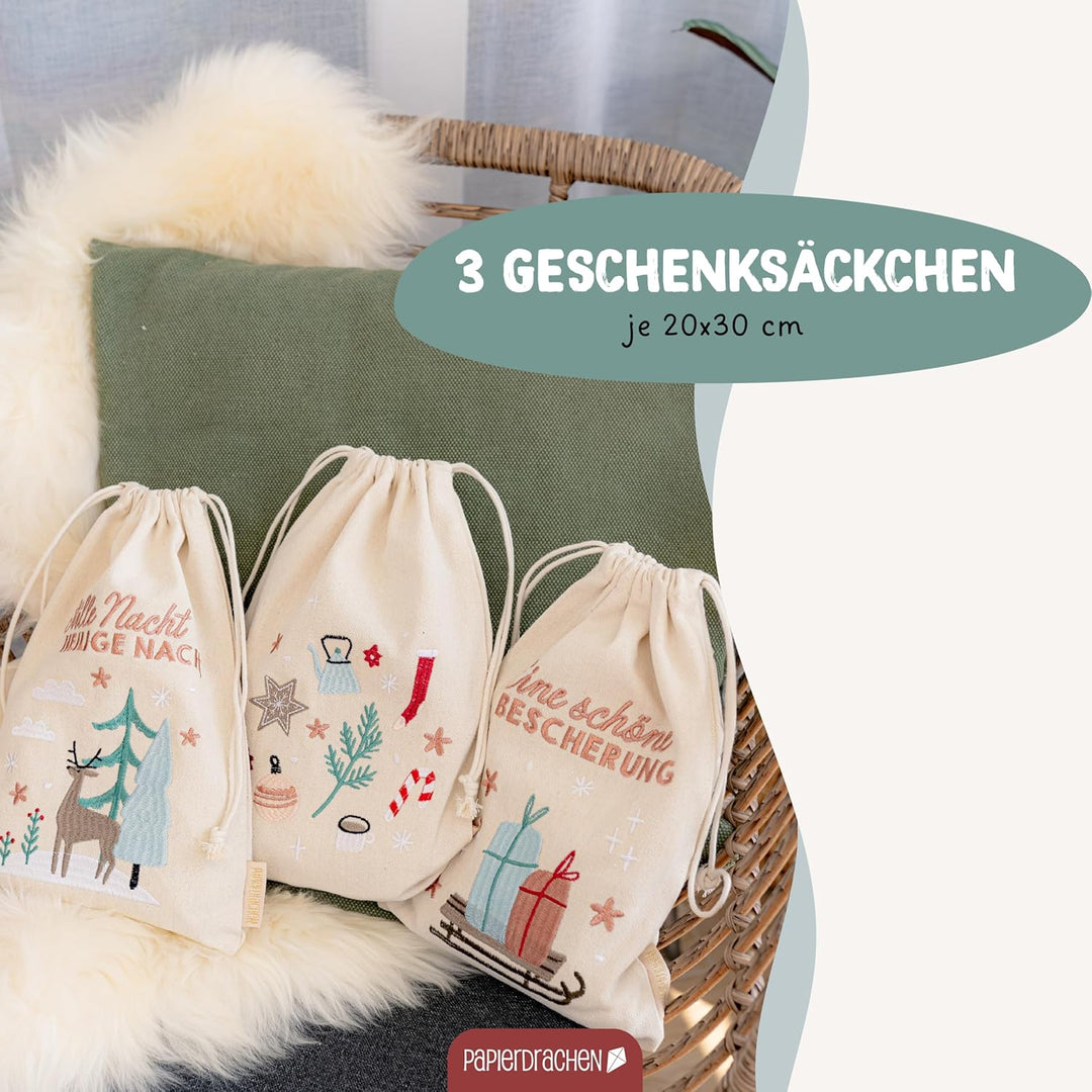 Papierdrachen 3 Geschenksäckchen in beige mit Bestickung in pastell - zum Befüllen und Verschenken -