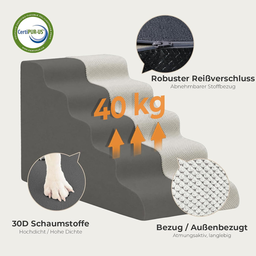 Sytopia 5-Stufen Hundetreppe 58 cm, rutschhemmend &amp; abwaschbar, mit Griff, 30D Schaumstoff für Bett/