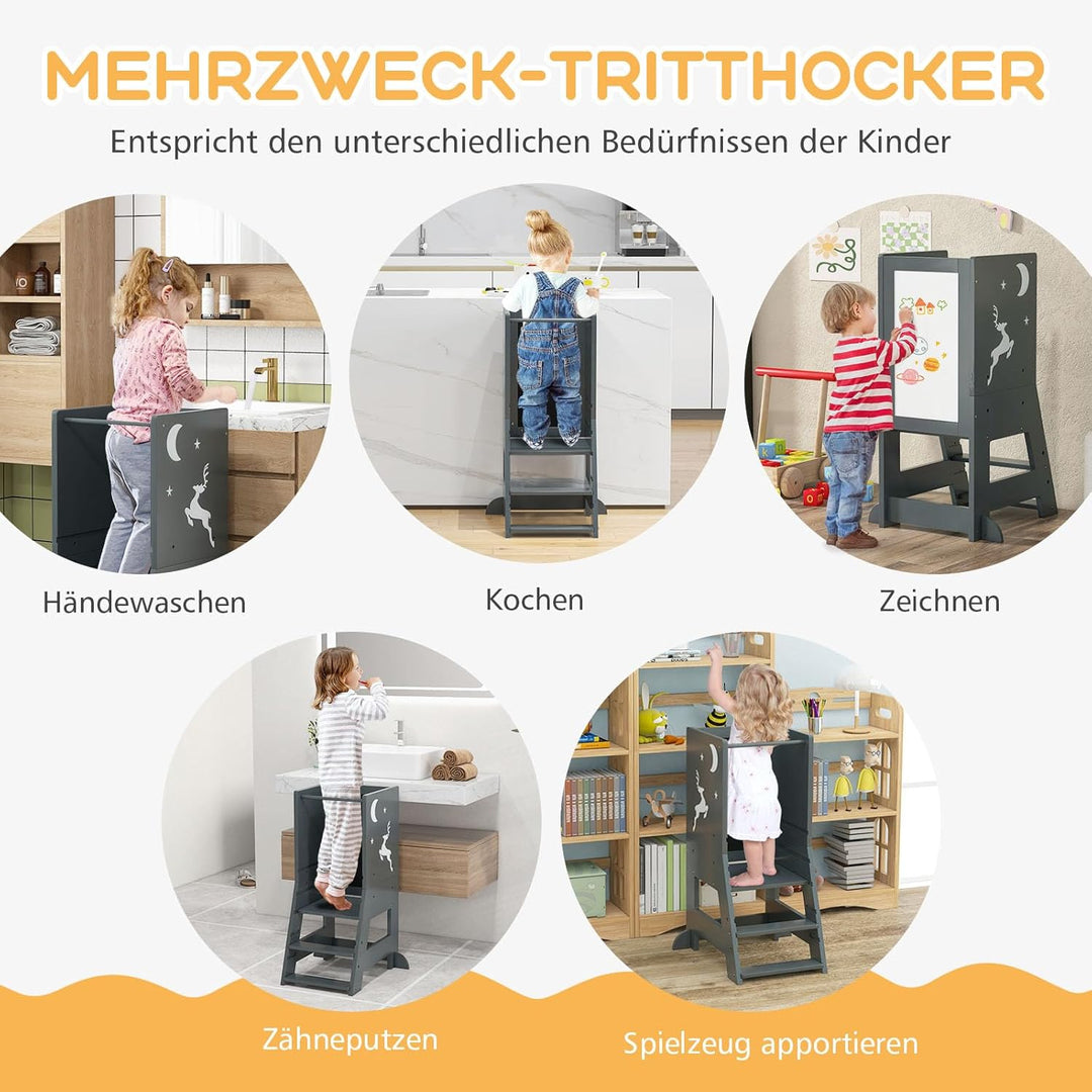 GOPLUS Lernturm Kinder, Mehrzweck-Tritthocker aus Holz mit 3 verstellbare Höhen, Lernstuhl Baby mit