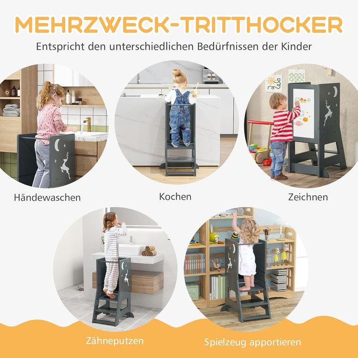 GOPLUS Lernturm Kinder, Mehrzweck-Tritthocker aus Holz mit 3 verstellbare Höhen, Lernstuhl Baby mit