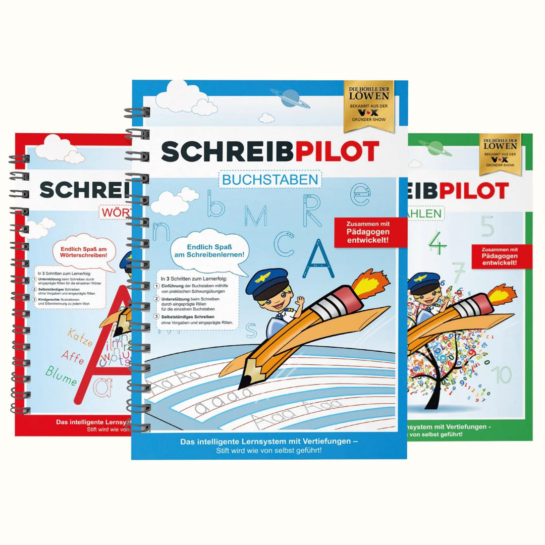 SCHREIBPILOT 3er Set Schreiblernhefte für ABC-Schützen mit vorgeprägten Buchstaben, Zahlen und Wörte