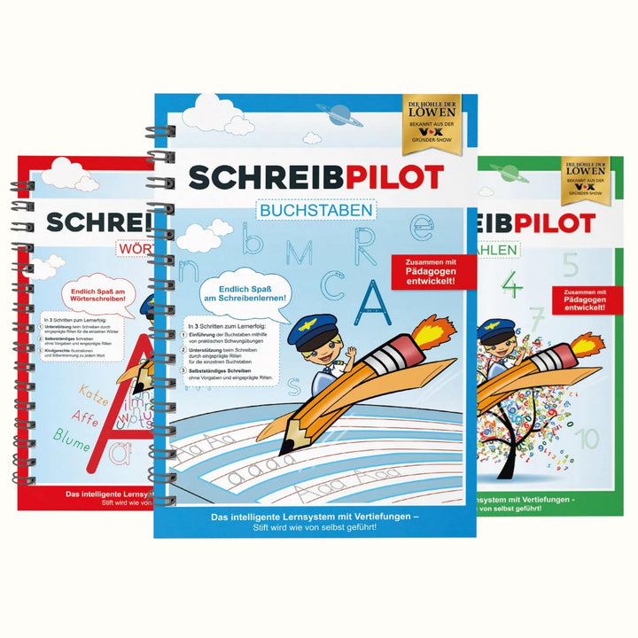 SCHREIBPILOT 3er Set Schreiblernhefte für ABC-Schützen mit vorgeprägten Buchstaben, Zahlen und Wörte