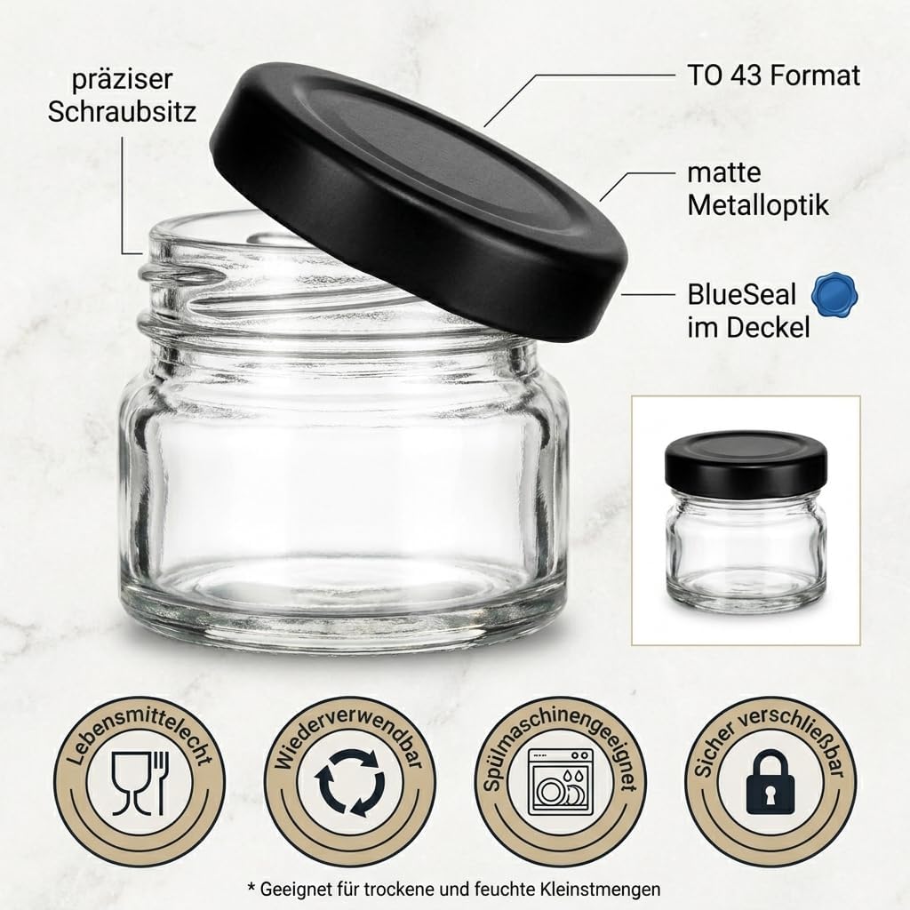 gouveo 48er Set Einmachgläser 30 ml (0,03 l) Mini mit Schraubverschluss schwarz-matt – Runde Mini Vo