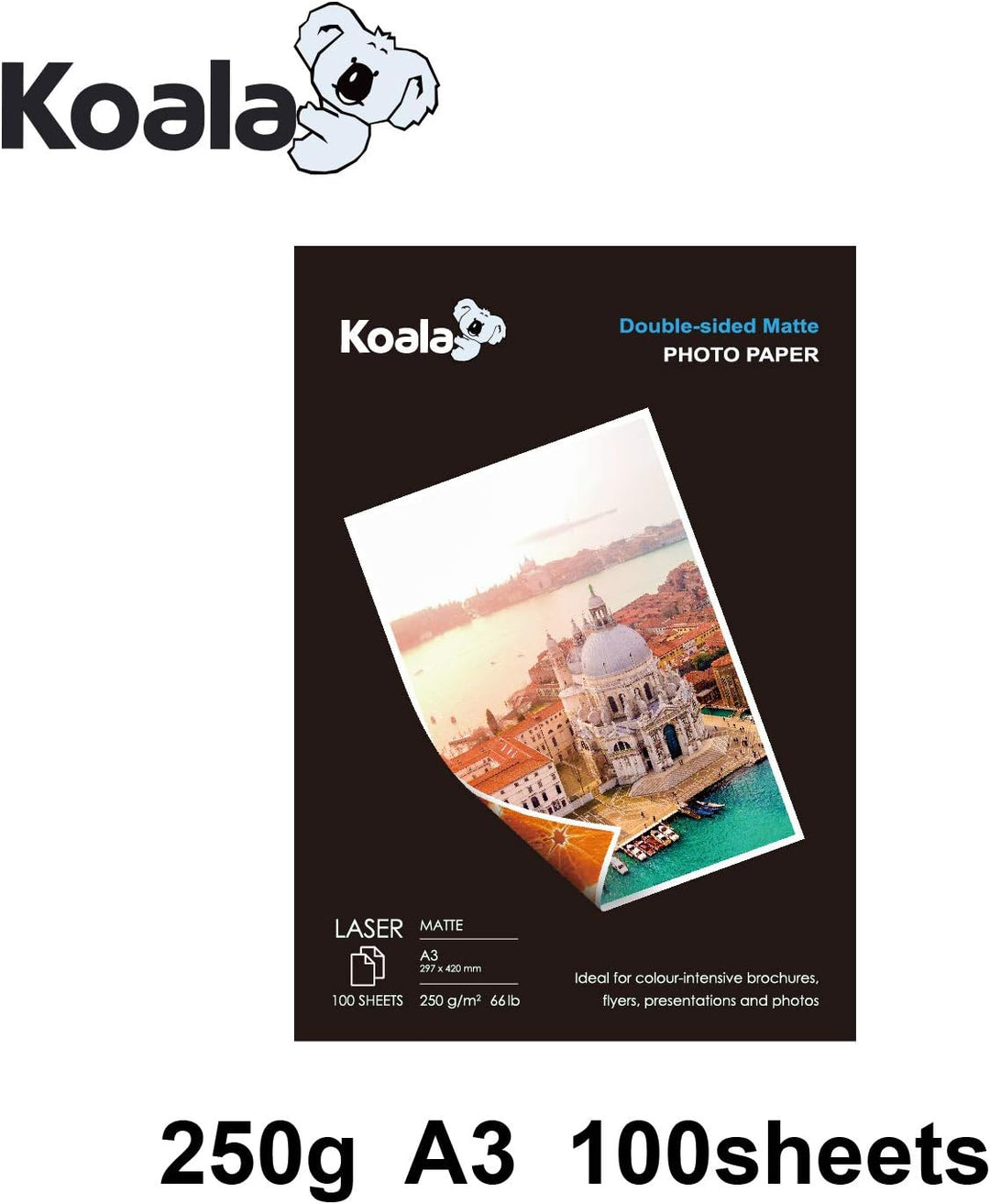 KOALA Fotopapier für Laserdrucker, Doppelseitig, Matt, A3, 250 g/m², 100 Blatt. Geeignet zum Drucken