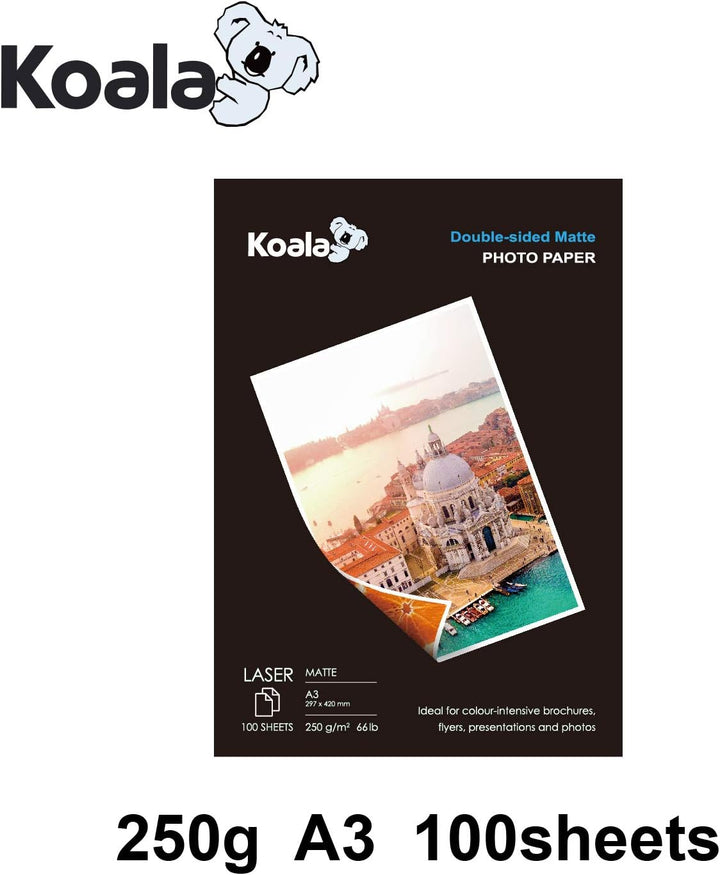 KOALA Fotopapier für Laserdrucker, Doppelseitig, Matt, A3, 250 g/m², 100 Blatt. Geeignet zum Drucken