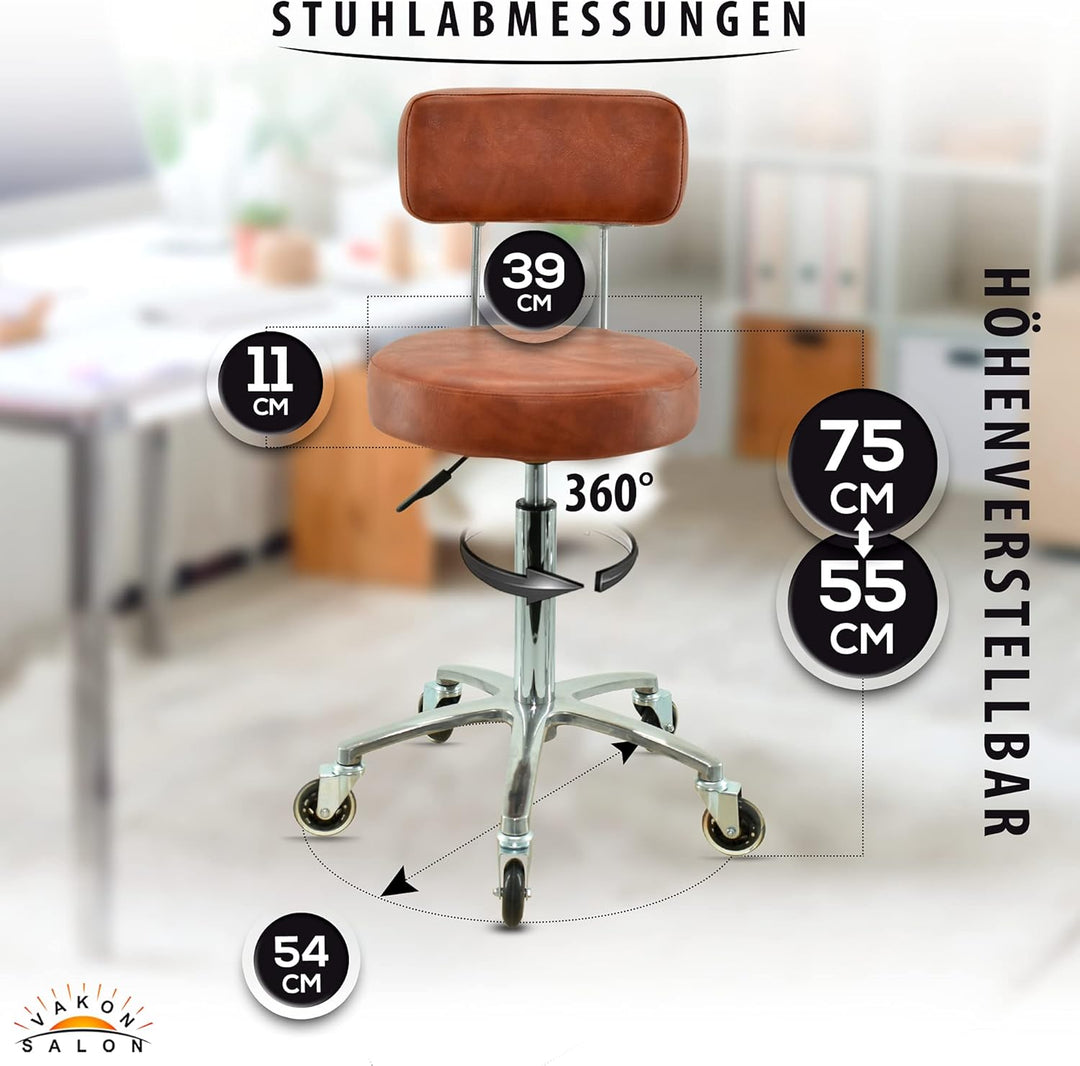 Premium Rollhocker mit Lehne in Hellbraun - Höhenverstellbar von 55 bis 75 cm - Rundsitz - Drehhocke