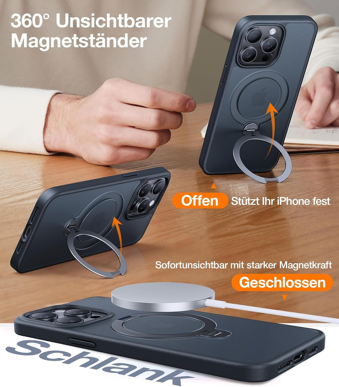 TORRAS 360° Ostand Spin für iPhone 15 Pro Hülle (Magnetischer Robust Standring) Militärschutz, Matt