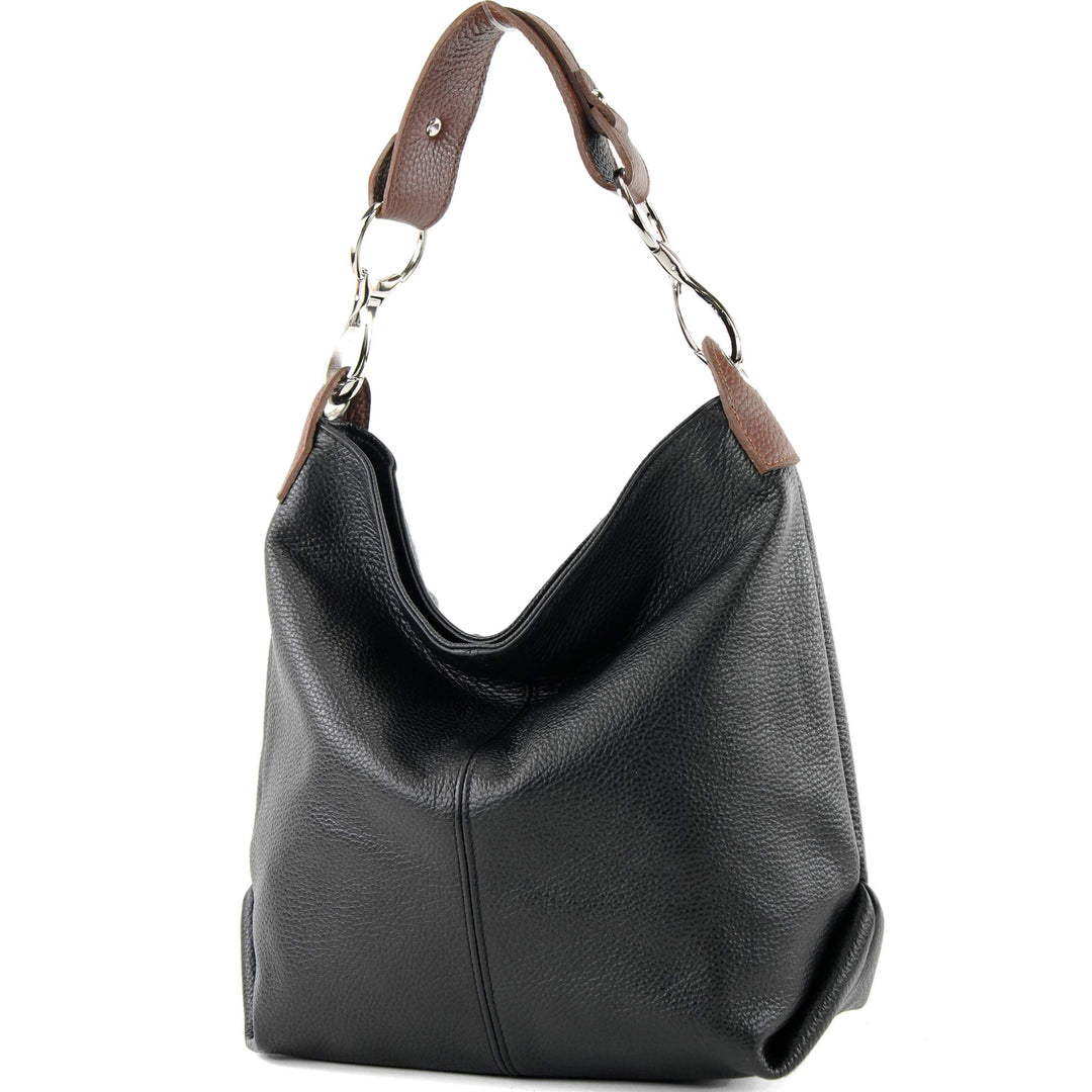 modamoda de - T168 - ital Schultertasche Umhängetasche aus Leder Schwarz/Braun, Schwarz/Braun
