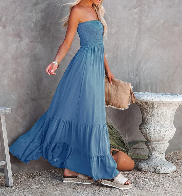 R.Vivimos Sommer Boho Trägerloses Bandeau Shirred Rüschen Tube A Linie Maxikleid L Blau#2, L Blau#2