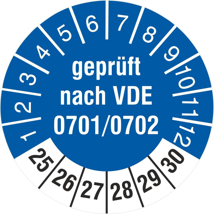 2500 Prüfetiketten 18 mm Geprüft nach VDE 0701/0702 2025 bis 2030 Prüfplaketten 2500 18mm Durchmesse