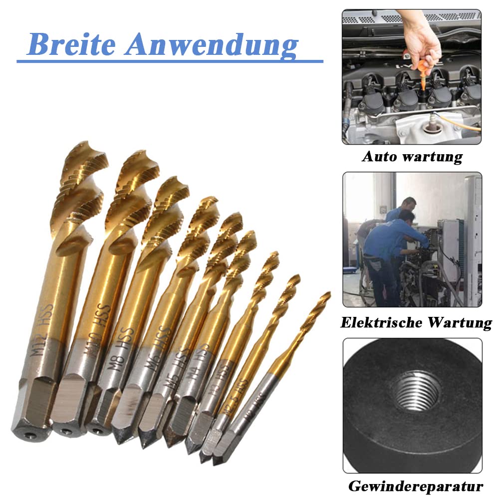 Mesee 9 Stück Spiralgewindebohrer, HSS Titanbeschichtetes Gewindebohrer, Spiralnutbohrer Maschinenge