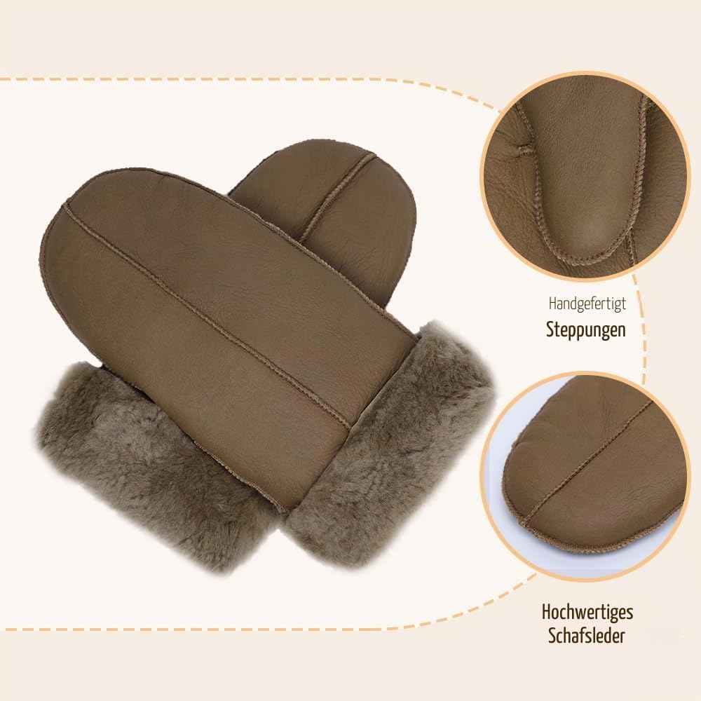 MGGMOKAY Damen Lammfell Shearling Fäustlinge Warme Winter Lederhandschuhe XXL Hellbraun, XXL Hellbra