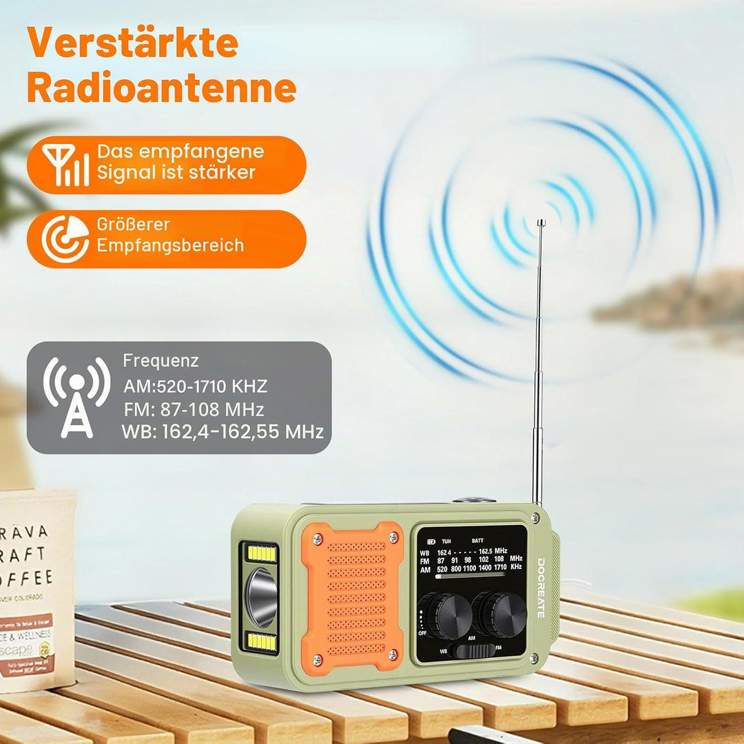 diymore Kurbelradio 2000mAh, Notfallradio mit Kurbel und Solar mit FM/AM/WB, Power Bank, LED Camping