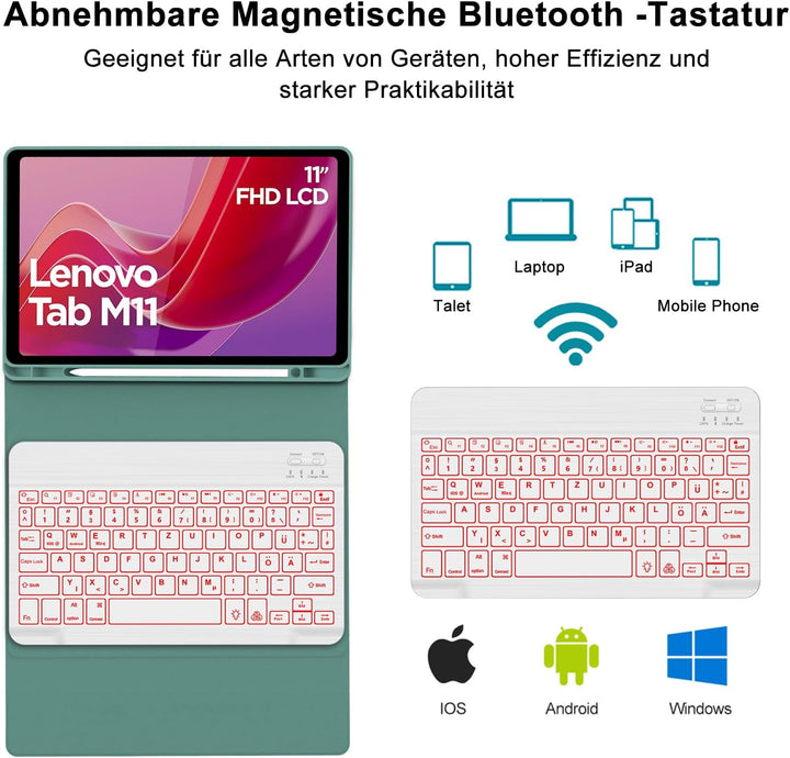 Tastatur Hülle für Lenovo Tab M11 2024, Deutsches QWERTZ, 7 Farben Beleuchtung Magnetisch Abnehmbare