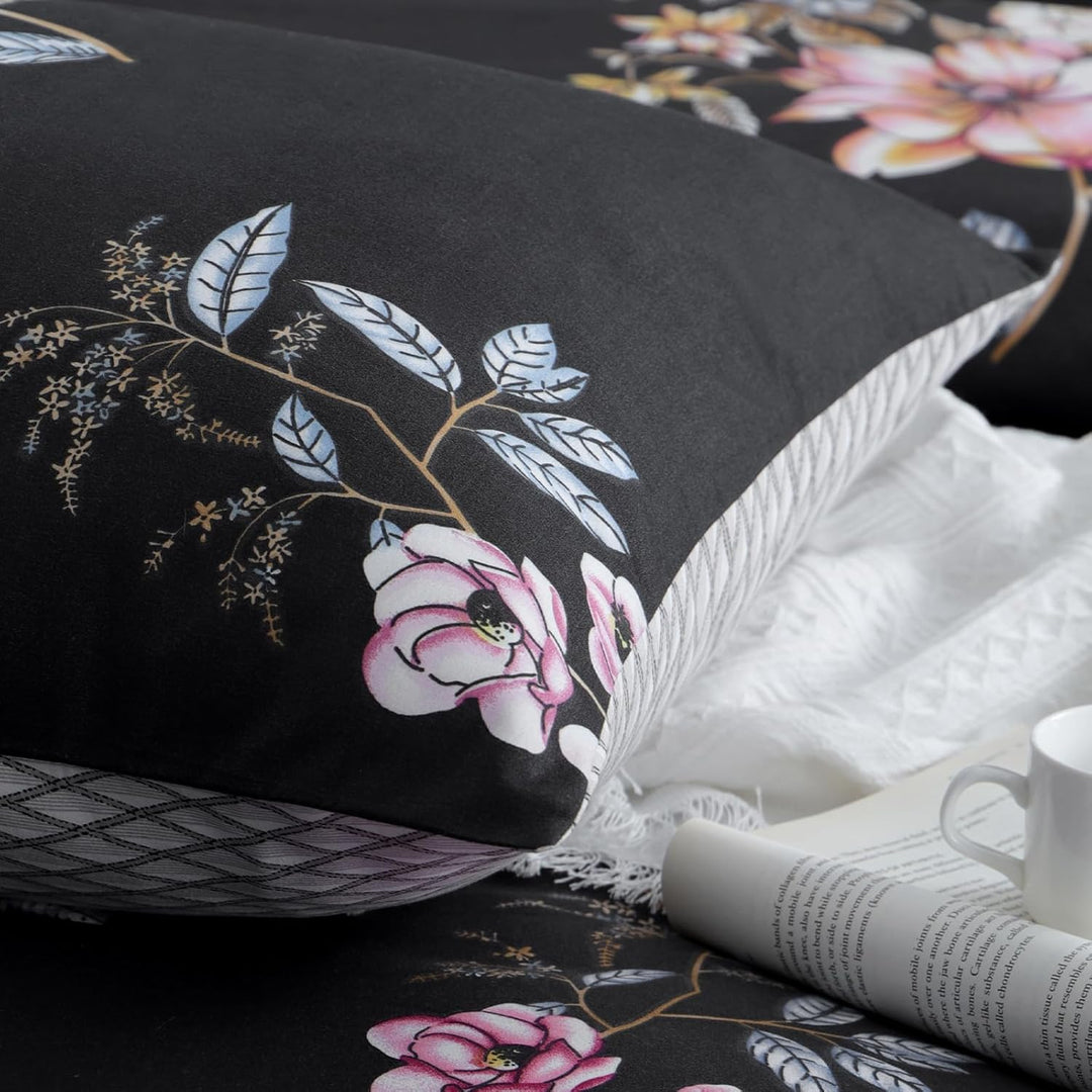 RUIKASI Bettwäsche 155x220 2 teilig Schwarz - Bettbezug 155 x 220 Set mit Blumen Muster, Bettwäsche-