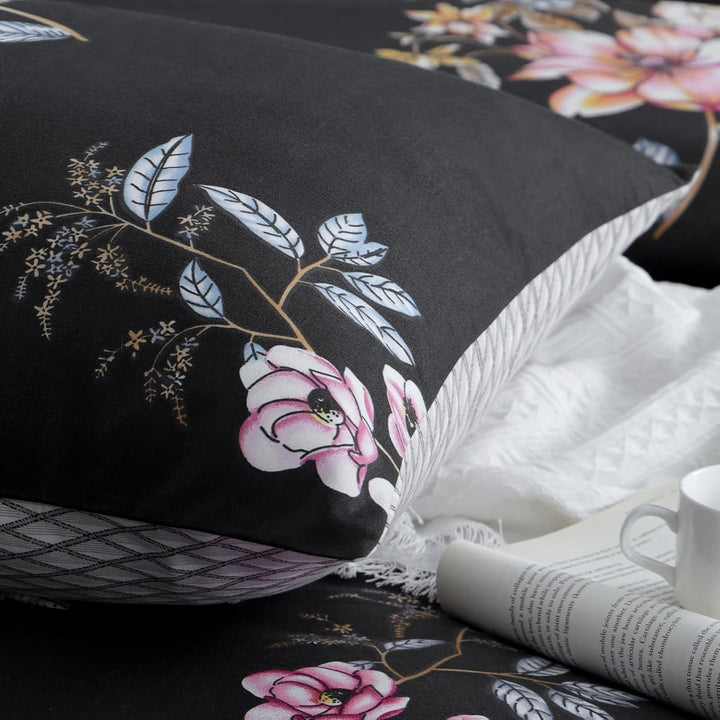 RUIKASI Bettwäsche 155x220 2 teilig Schwarz - Bettbezug 155 x 220 Set mit Blumen Muster, Bettwäsche-