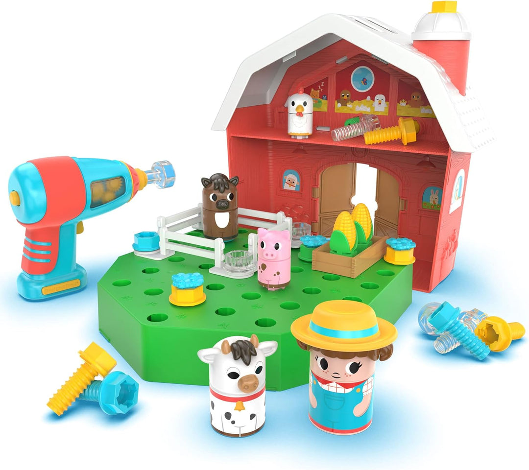 Learning Resources Design & Drill Schrauberkumpel Scheune, Bauernhof-Spielzeugset mit Landwirt, MINT