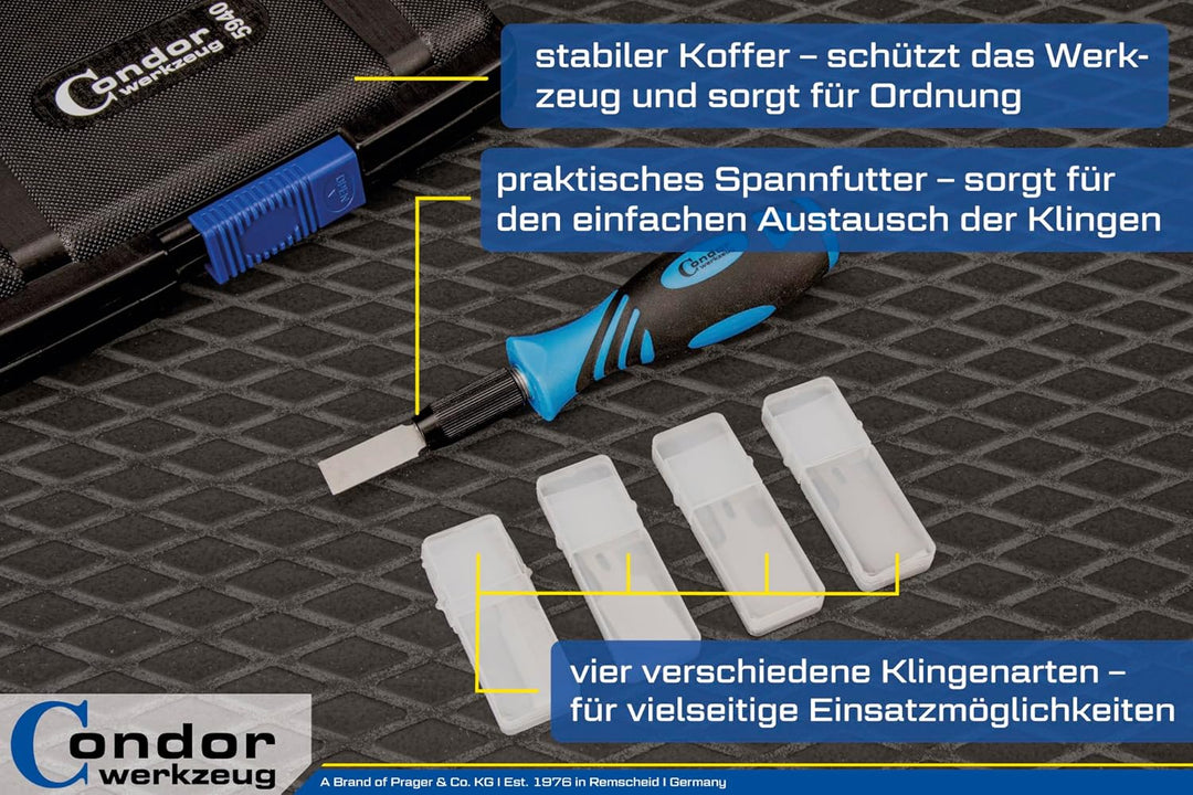 Condor Werkzeug 5940 | Schaber-Satz | 21-tlg. | zum Entfernen von Plaketten, Aufklebern, Vignetten,