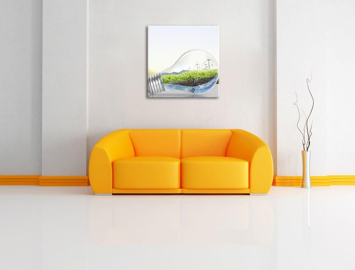 Pixxprint Glühbirne mit Pandabären und Ozean mit Leuchtturm, Format: 70x70 auf Leinwand, 70x70