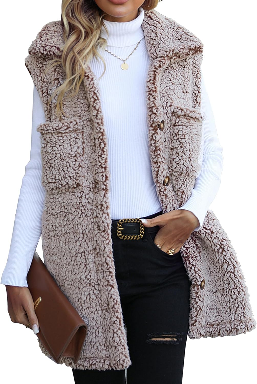 AIEOE Ärmellose Mäntel Damen Weste Fleecejacke Weich Warm für Herbst Winter XXL Style01-heller Kaffe