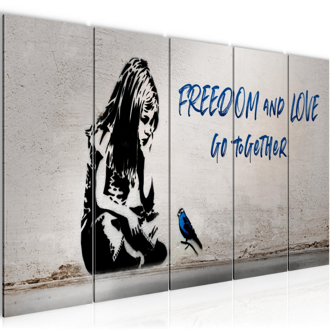Runa Art Wandbild XXL Banksy Mädchen mit Vogel Loft Wohnzimmer 200 x 80 cm Grau Blau 5 Teilig - Made