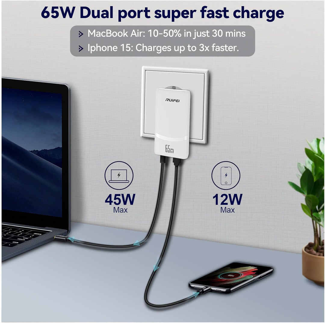 USB C Ladegerät 65W, Ultraflach Ladestecker, 2-Ports Mehrfach GaN Netzteil Schnellladegerät, Fast Ch