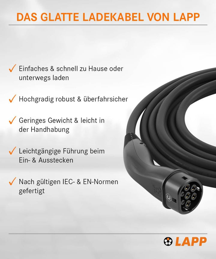 Lapp Mobility Typ 2 Ladekabel 22 KW / Glatt / 32 A / 3-Phasig / E-Auto Ladekabel / Mode 3 / 3m 3 Met
