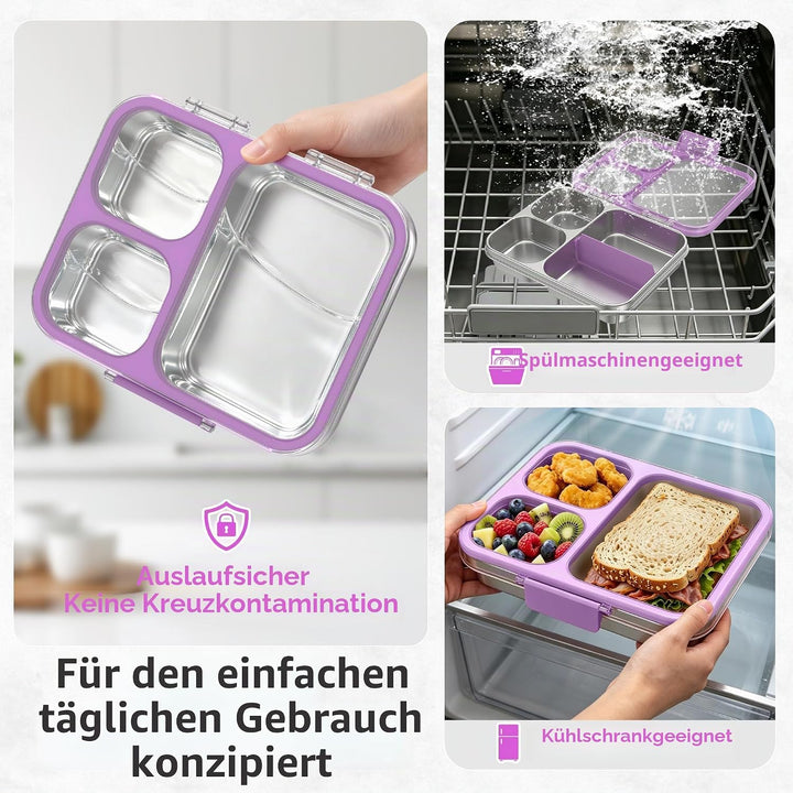 VITONIS Edelstahl Brotdose Lunchbox mit 3 Fächern mit Tritan-Deckel, 1000ml Metall Bento Lunch Box K