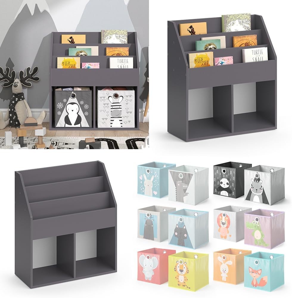 Vicco Kinderregal Luigi, Grau, 72 x 79 cm mit 2 Faltboxen Opt.2 Grau 72x79 mit Faltboxen Panda/Tiger
